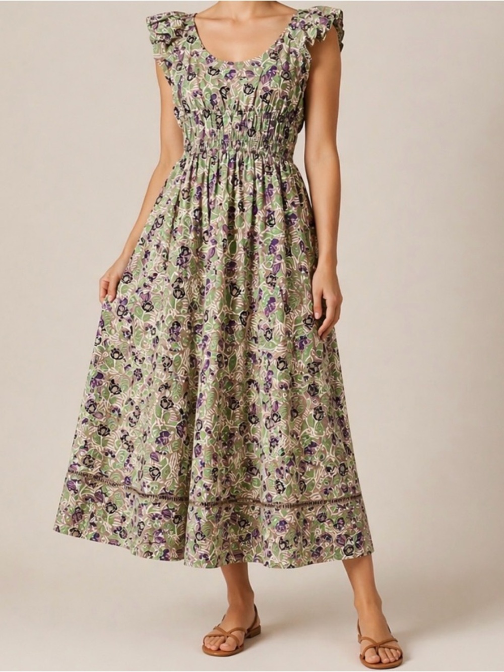 Tory Burch Floral Cotton Maxi Dress Size 6 Smocked Waist Ruffle Sleeve 46”